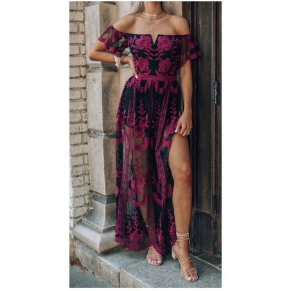 Cloud Ten Canyon Lace Black Romper Dress with Maroon Embroidery Dress Shorts Siz - Picture 1 of 16